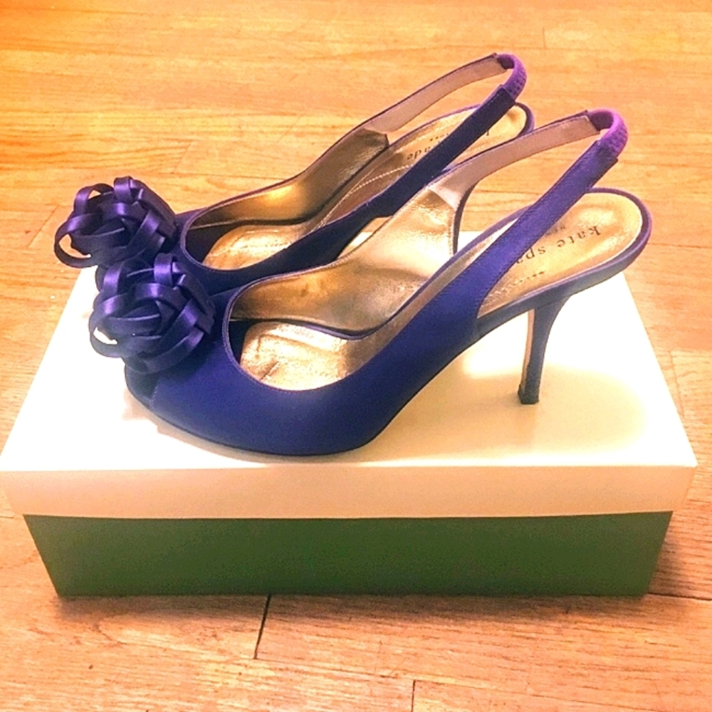 Elegant Kate Spade 8 M  Purple Satin Leather Slingback Heels Prom Bridesmaid - Picture 6 of 8
